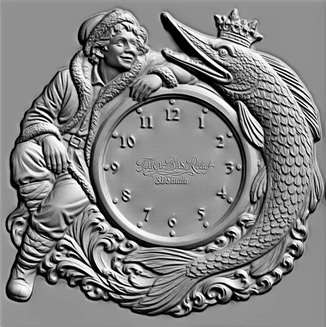Modelo 3D do relevo "Pescador e Lúcioperca" com mostrador de relógio, retratando um pescador sorridente e uma lúcioperca coro