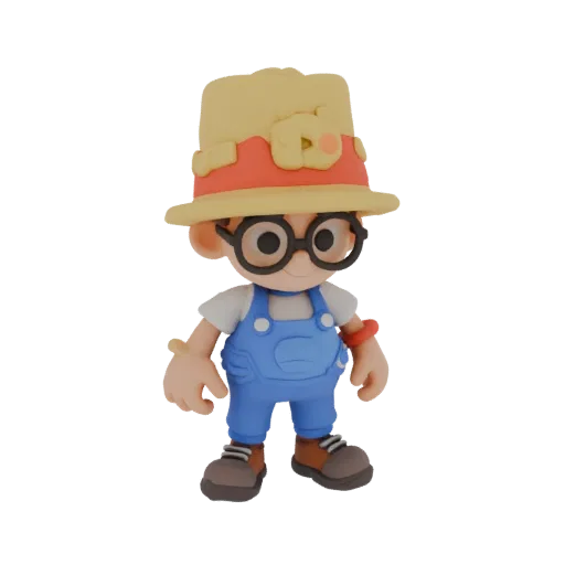 Modelo 3D de menino em macacão azul, camiseta branca e chapéu amarelo com óculos redondos