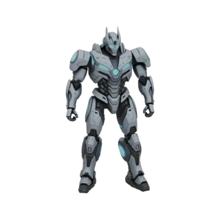 3D model of a futuristic sci-fi robot with gray armor and glowing blue energy accents, standing against a white background.