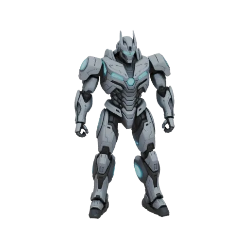 Modèle 3D d'un robot futuriste sci-fi avec armure grise et accents d'énergie bleue lumineuse, debout sur fond blanc.