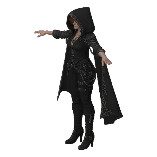 3D model of a dark hooded rogue character wearing a cloak and tactical gear, with arms outstretched.