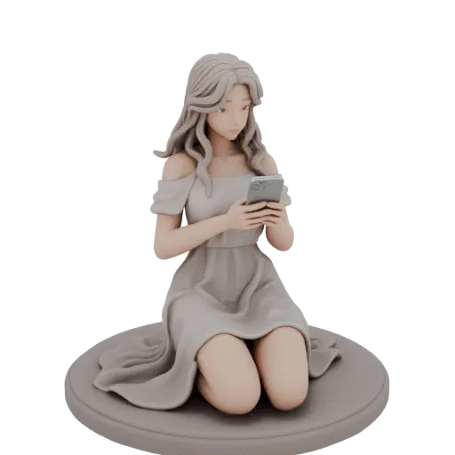 3D-Modell eines Mädchens im grauen Kleid, das auf den Knien sitzt und auf ein Smartphone schaut, auf einer runden Basis.