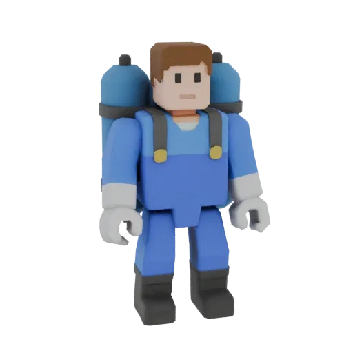 3D model of worker in blue jumpsuit with back cylinders, low-poly style, on white background