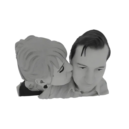3D model of a black and white vintage couple, with a woman kissing a man on the cheek, set against a black background.
