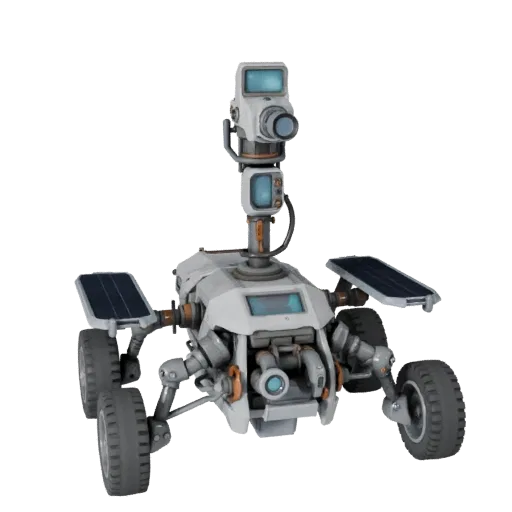 Ice World Drone Scout 3D-Modell, Dreiviertel-Frontansicht, Unreal Engine-Viewport, zeigt staubige Räder, Fahrzeugposition.