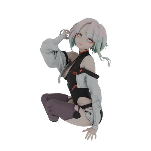 Modello 3D di ragazza anime cyberpunk con capelli rosa e verdi, indossa un abito nero con accenti grigi, accovacciata dinamic