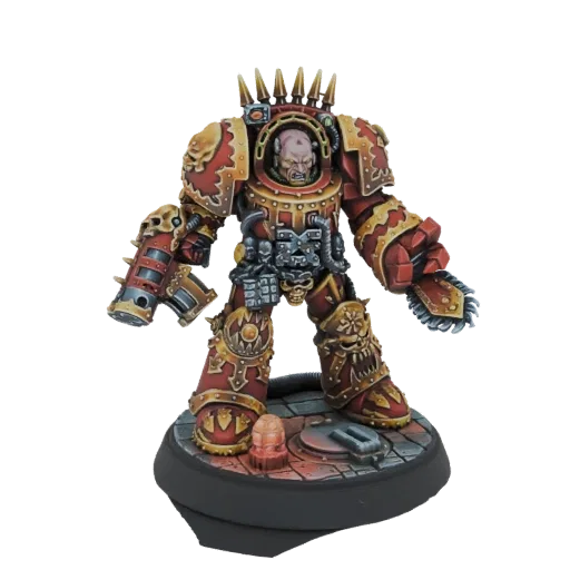 3D model of a red and gold Chaos Space Marine with a bolter and chainsword, standing on a detailed base.