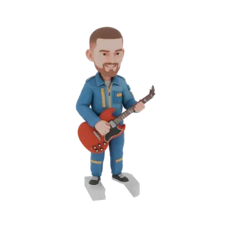 Modelo 3D de um astronauta cartoon em macacão azul tocando uma guitarra elétrica vermelha, com um sorriso amigável.
