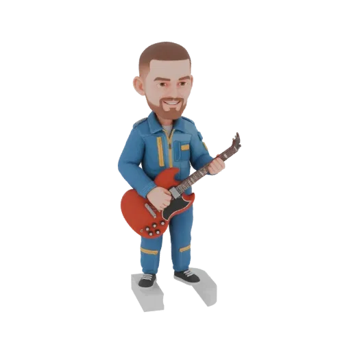 Modelo 3D de un astronauta de dibujos animados con traje azul tocando una guitarra eléctrica roja, con una sonrisa amigable.