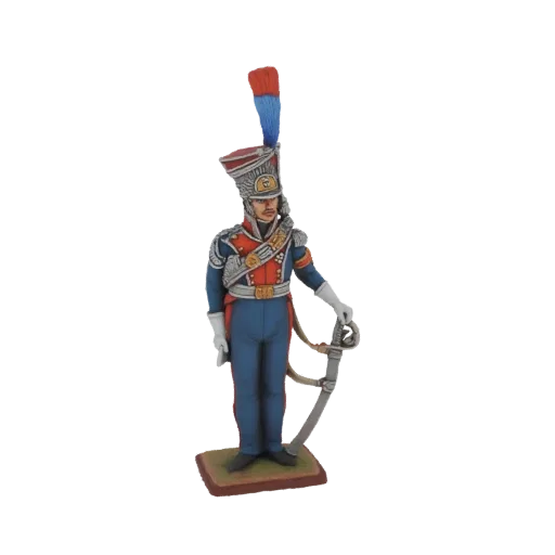3D model of a French Hussar soldier in a blue uniform with red trim, wearing a tall shako with a plume, and holding a saber.
