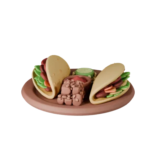Modelo 3D de Plato de Tacos de Comida Callejera, vista frontal en tres cuartos, viewport de Unity, mostrando salsas, composic