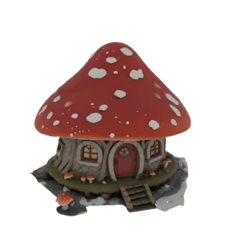 A 3D render of a whimsical mushroom house with a red cap, white spots, arched windows, a red door, and small mushrooms around