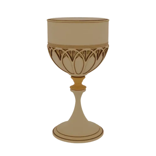 A 3D render of an ornate Art Nouveau goblet with intricate floral patterns and a slender stem, presented on a white backgroun