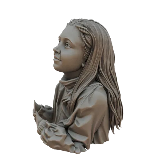 3D model render of a young girl's bust in profile, with detailed hair and clothing, looking upwards thoughtfully.