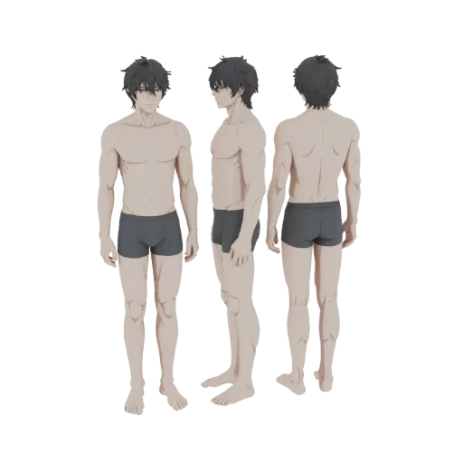 Modelo 3D de uma base masculina mostrado de frente, lado e trás, vestindo cueca cinza.