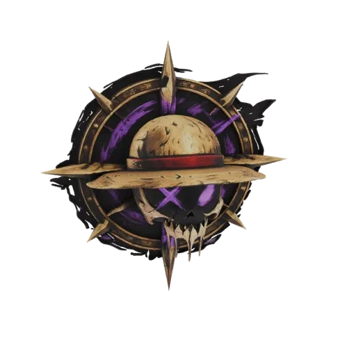3D-Modell eines Totenkopfes mit Strohhut, eingebettet in ein dunkles, spitzes Emblem mit violetten Akzenten, auf weißem Hinte