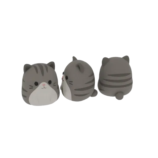 A 3D render showing a chubby tabby cat model from three different angles: front, side, and back.