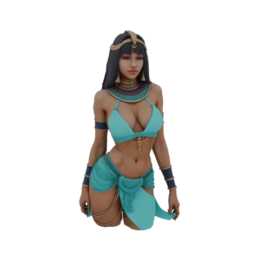3D model render of an Egyptian Queen bust wearing a nemes headdress and turquoise attire, adorned with gold jewelry.