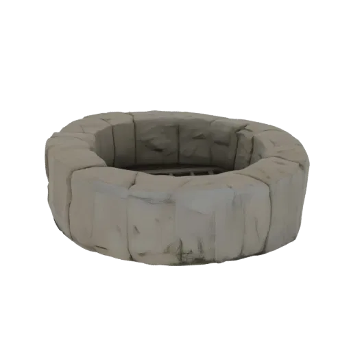 Um modelo 3D de um poço circular de pedra com blocos grosseiramente talhados e uma grade interna, apresentado sobre um fundo
