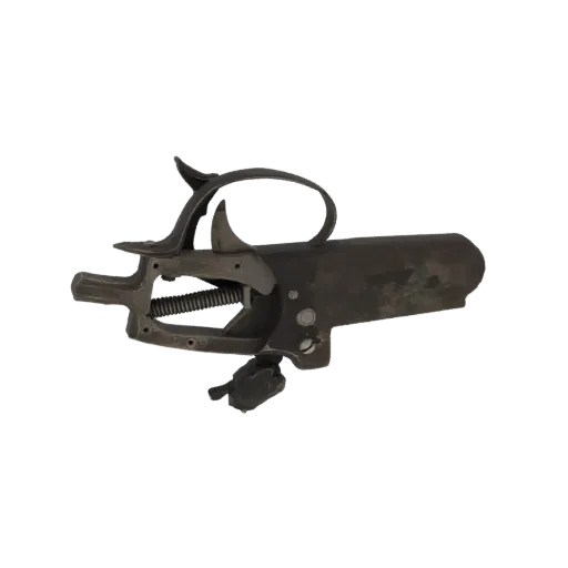 3D model of an antique firearm trigger assembly with a visible coiled spring and intricate metal components, presented on a w