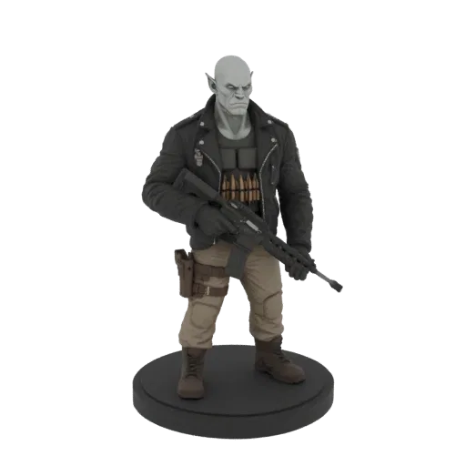 3D model of a grey-skinned Orc character wearing a black leather jacket and tactical gear, holding an assault rifle, standing