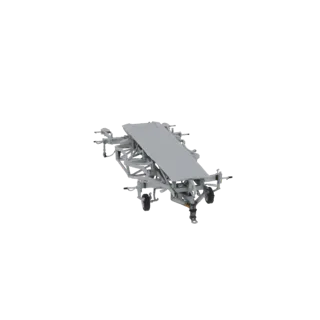 Un modèle 3D d'une remorque convoyeur industrielle grise avec un châssis métallique et quatre roues, présenté sur fond blanc.