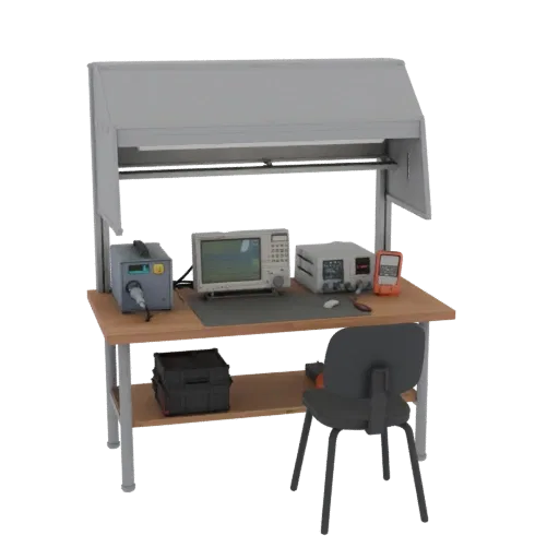 3D model of electronics assembler workstation: desk with soldering station, oscilloscope, power supply, multimeter, and chair