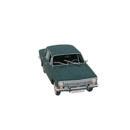 3D model of a classic dark green 1960s Soviet sedan, viewed from a three-quarter front angle.