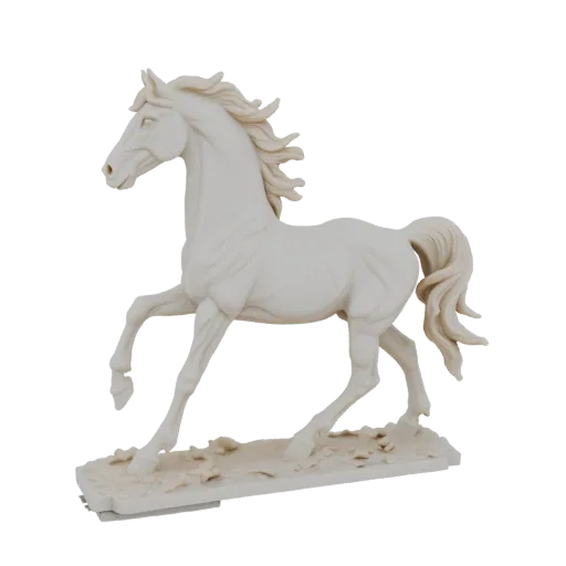 3D model of a white horse in a dynamic galloping pose, with its head held high and legs extended, on a textured base.