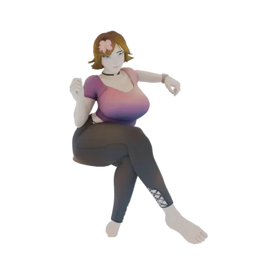3D model render of a stylized woman sitting casually, wearing a purple-pink gradient top and dark leggings, with a pink flowe