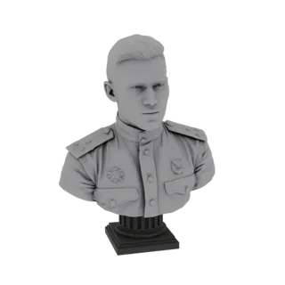 3D model render of a grey bust of a Soviet military officer wearing a uniform with medals and a pedestal base.
