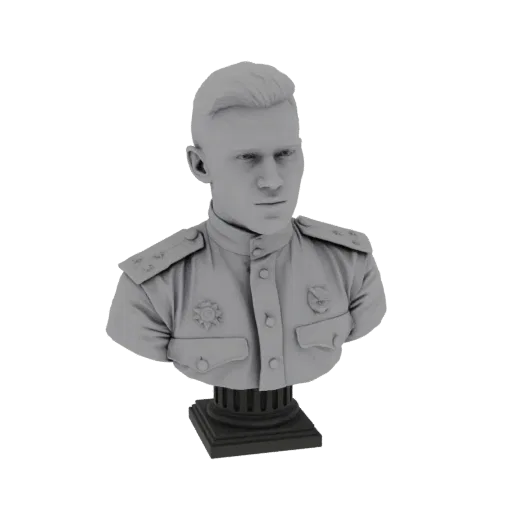 Renderizado de modelo 3D de un busto gris de un oficial militar soviético con uniforme, medallas y base de pedestal.