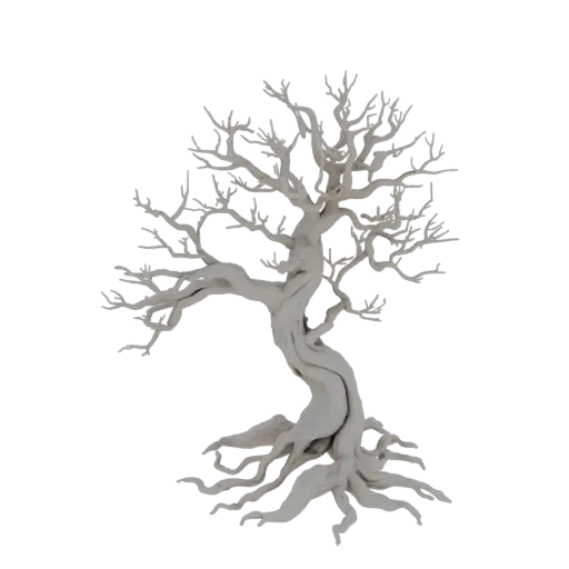 3D model of a twisted, bare ancient tree with gnarled roots and branches, rendered in a light gray material.