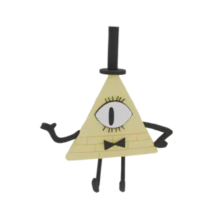 Modelo 3D de Bill Cipher, un demonio triangular amarillo con sombrero de copa y pajarita negros, de pie con una mano levantad