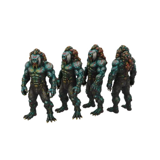 Un rendu 3D de quatre brutes zombies massives à peau turquoise et marques rouges, adoptant une pose menaçante.