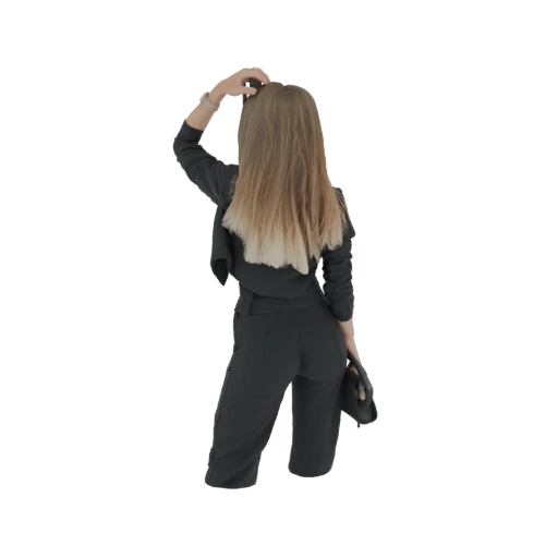 Woman in Black Suit with Hand on Head