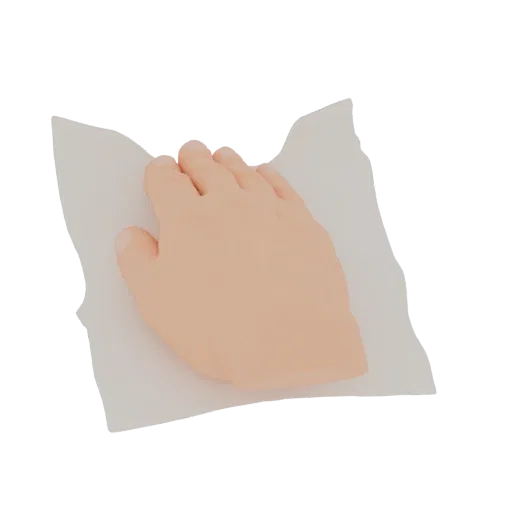 3D-Modell einer hellhäutigen menschlichen Hand, die sich sanft mit einem weißen Stück Papier abwischt, aus einem leicht erhöh