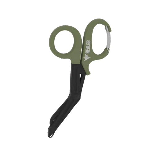 Modèle 3D de ciseaux tactiques olive avec lame dentée et mousqueton argenté, sur fond blanc.