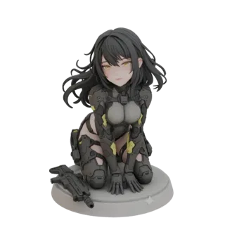 Modello 3D di una ragazza soldato sci-fi inginocchiata con un fucile, che indossa un'armatura tattica futuristica con accenti