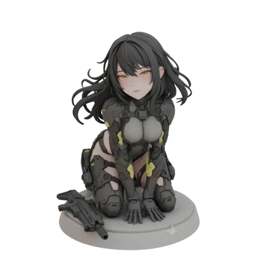 3D model of a sci-fi soldier girl kneeling with a rifle, wearing futuristic tactical armor with yellow accents.