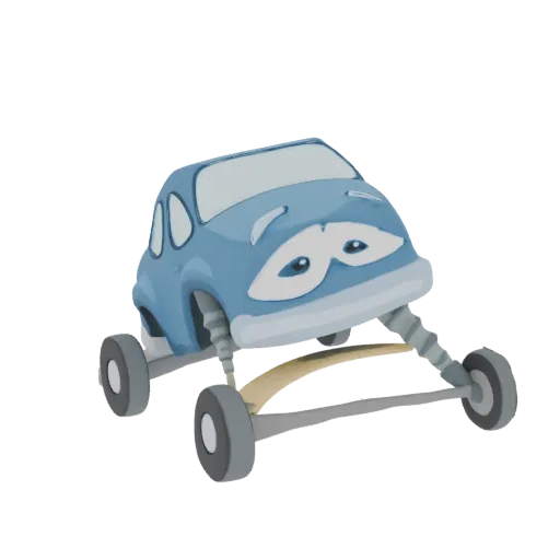 Modelo 3D de um carro azul triste com olhos grandes e rodas cinzas, apresentado em fundo branco.