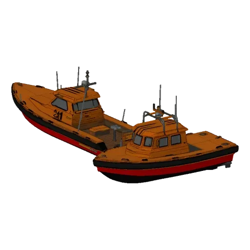 A 3D render of two orange rescue boats, one larger in the foreground with '211' on its side, and a smaller one behind it, on