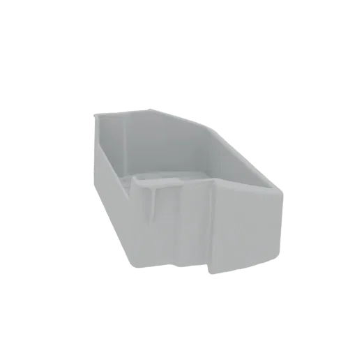 A 3D render of a light gray, angled storage bin with an internal divider, presented on a white background.