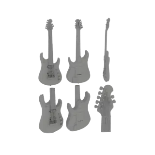 Una renderización 3D que muestra un set de guitarras eléctricas desde diferentes ángulos y un clavijero de guitarra separado,