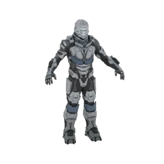 3D-Modell eines futuristischen Sci-Fi-Soldaten in voller Rüstung, stehend vor weißem Hintergrund.