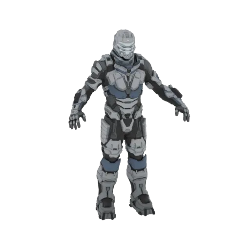 3D-Modell eines futuristischen Sci-Fi-Soldaten in voller Rüstung, stehend vor weißem Hintergrund.