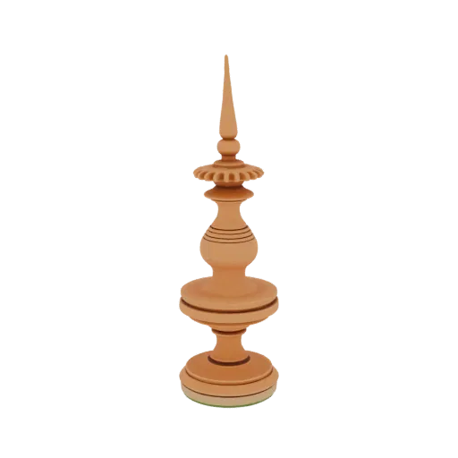 A detailed 3D render of an ornate wooden Queen chess piece, showcasing its intricate carvings and warm wood texture against a