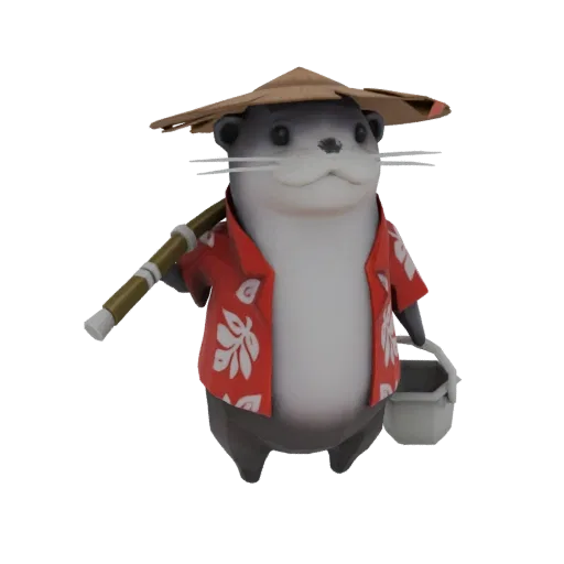 Modelo 3D de una nutria linda con sombrero de paja y camisa floral roja, sosteniendo una caña de pescar y un cubo.