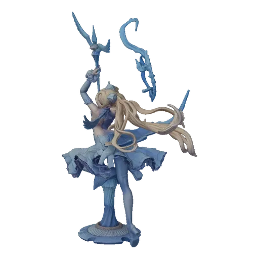 3D model of a blue ice sorceress with blonde hair, wearing flowing blue robes and holding an icy staff, posed dynamically on