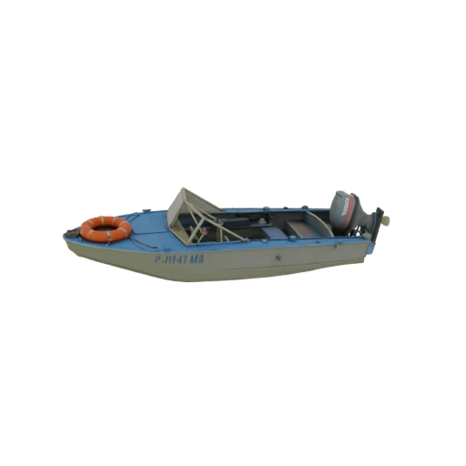 Blue and Gray Motorboat with Outboard Engine and Life Ring